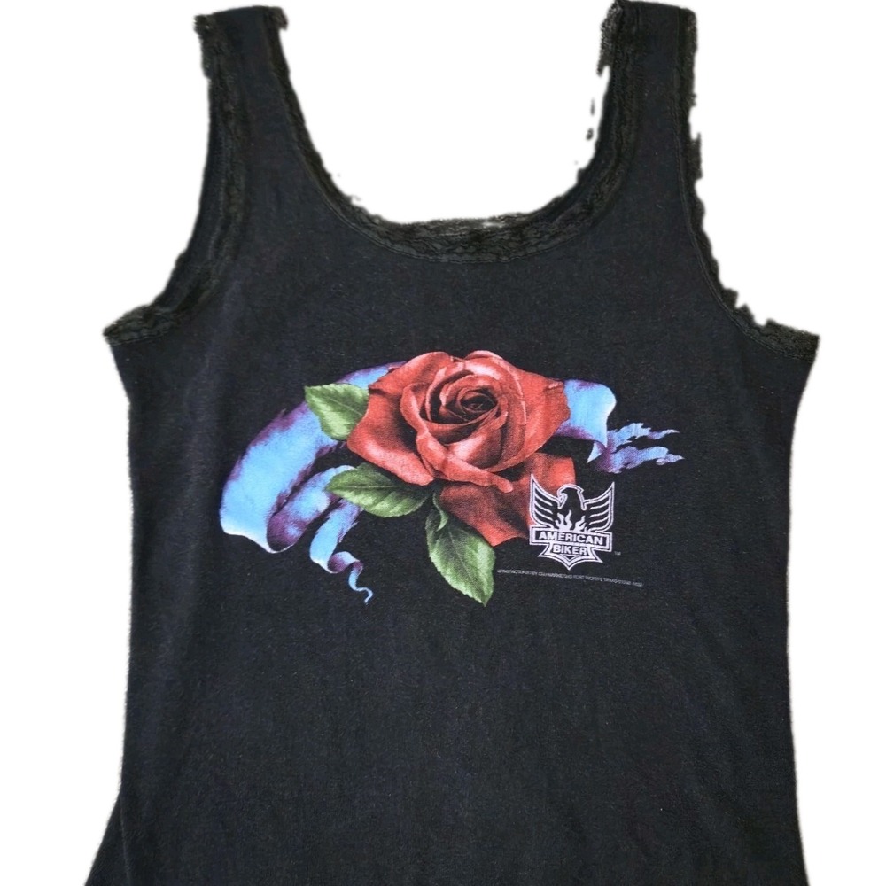 Vtg Harley Davidson Lace Trim Tank Top Womens Black 3D Emblem Graphic Sz M 80s